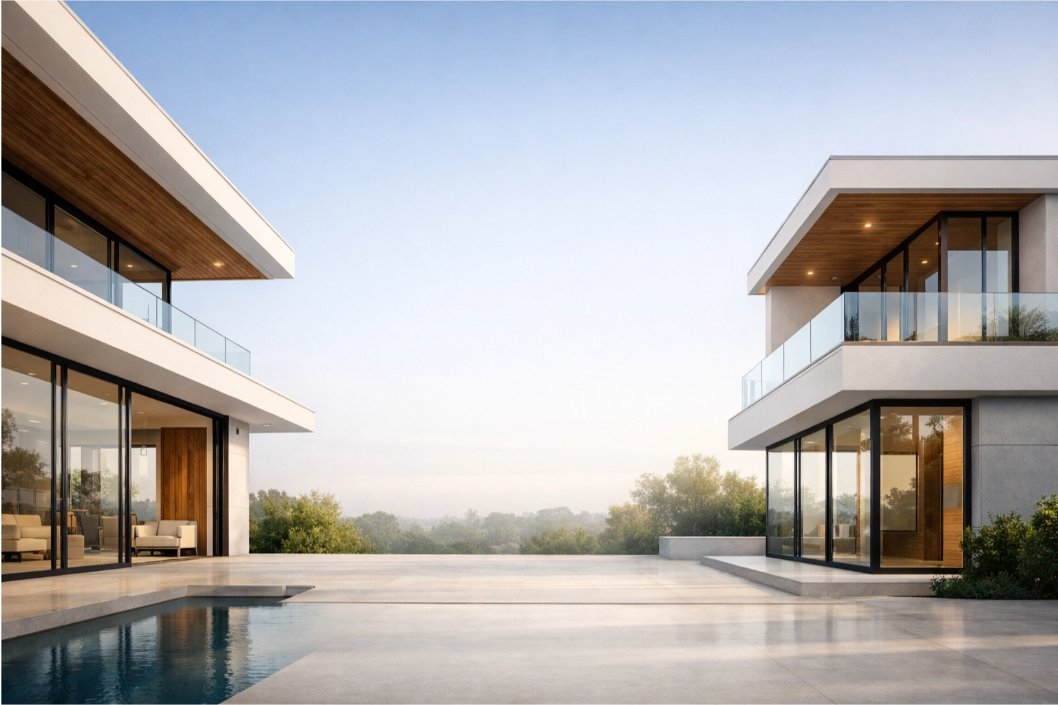 Modern residential buildings used to represent planned family housing